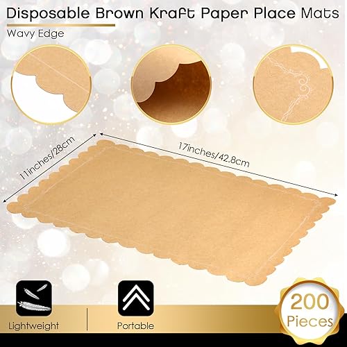 Miniatura 2 de Mantel individual desechable de papel kraft marrón, rectangular, rústico, estampado de artesanías, festoneado, color marrón, para boda, aniversario,