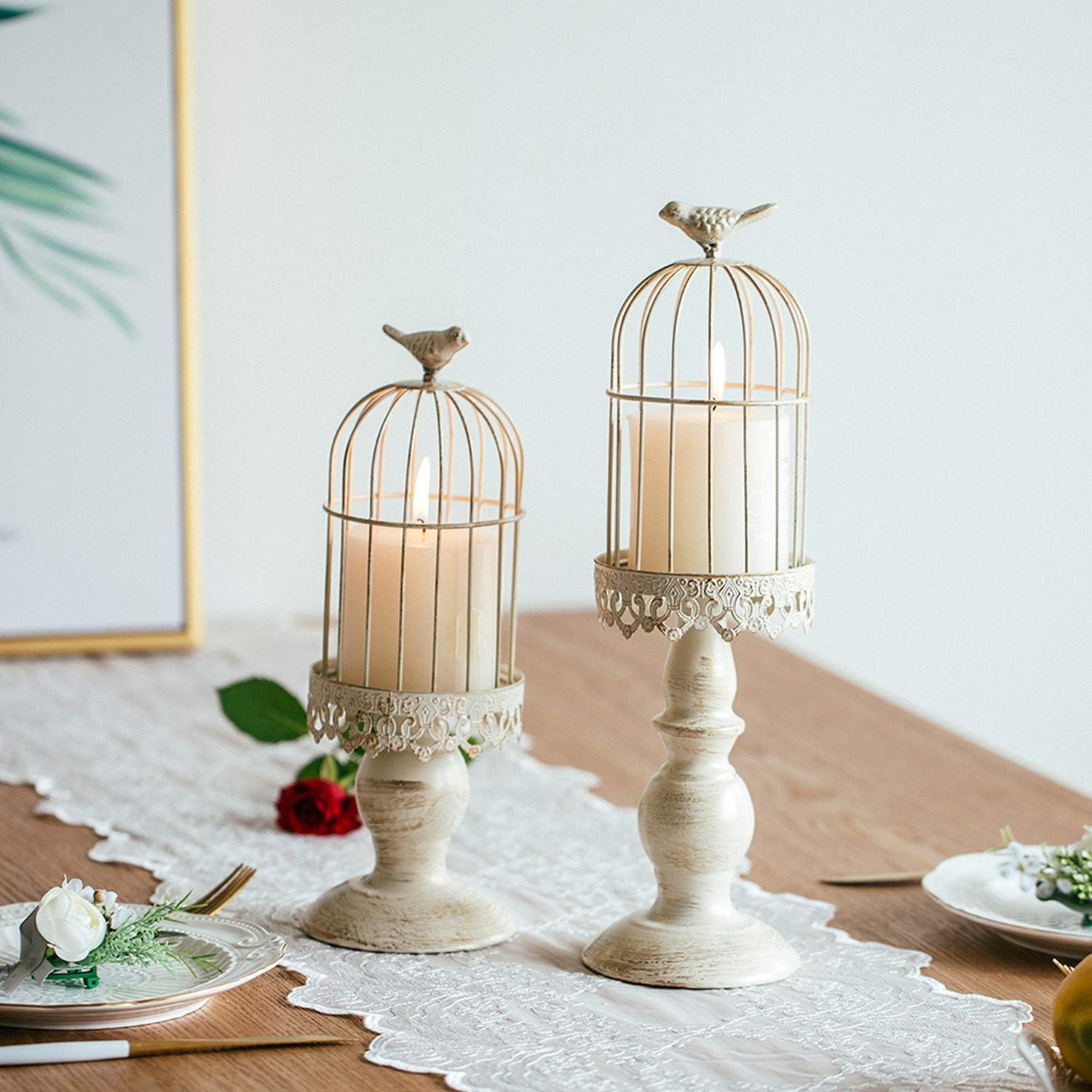 Sziqiqi Birdcage Candle Holders Decorative Set of 2，Distressed Ivory image 2
