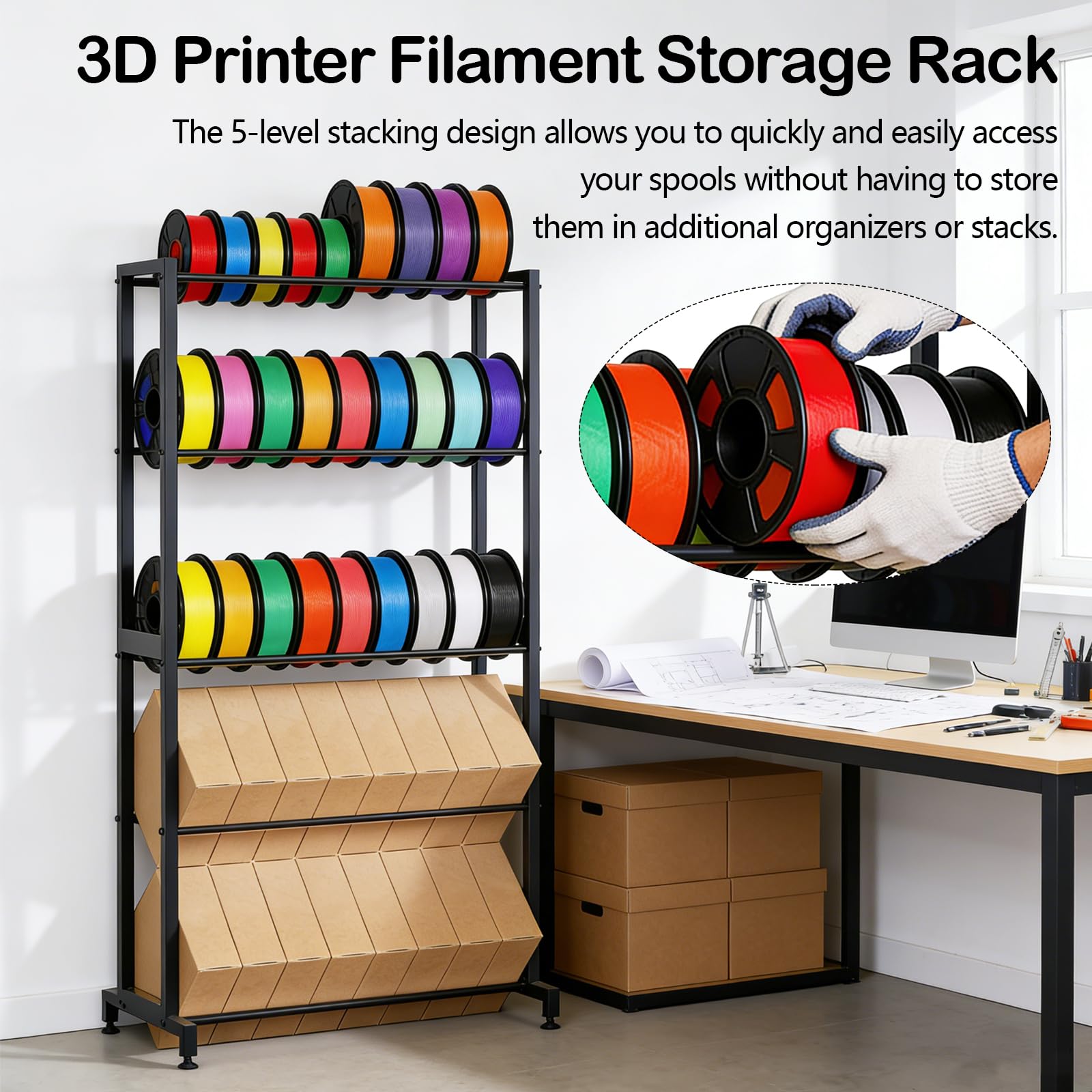 3D-Drucker Filament Lagerregal, 13x65x33 cm Aufbewahrungsständer mit großen Fachabständen, kompatibel mit PLA/ABS/PETG/TPU/WOOD, Filamentspulenhalter für Druckstudio & Werkstatt