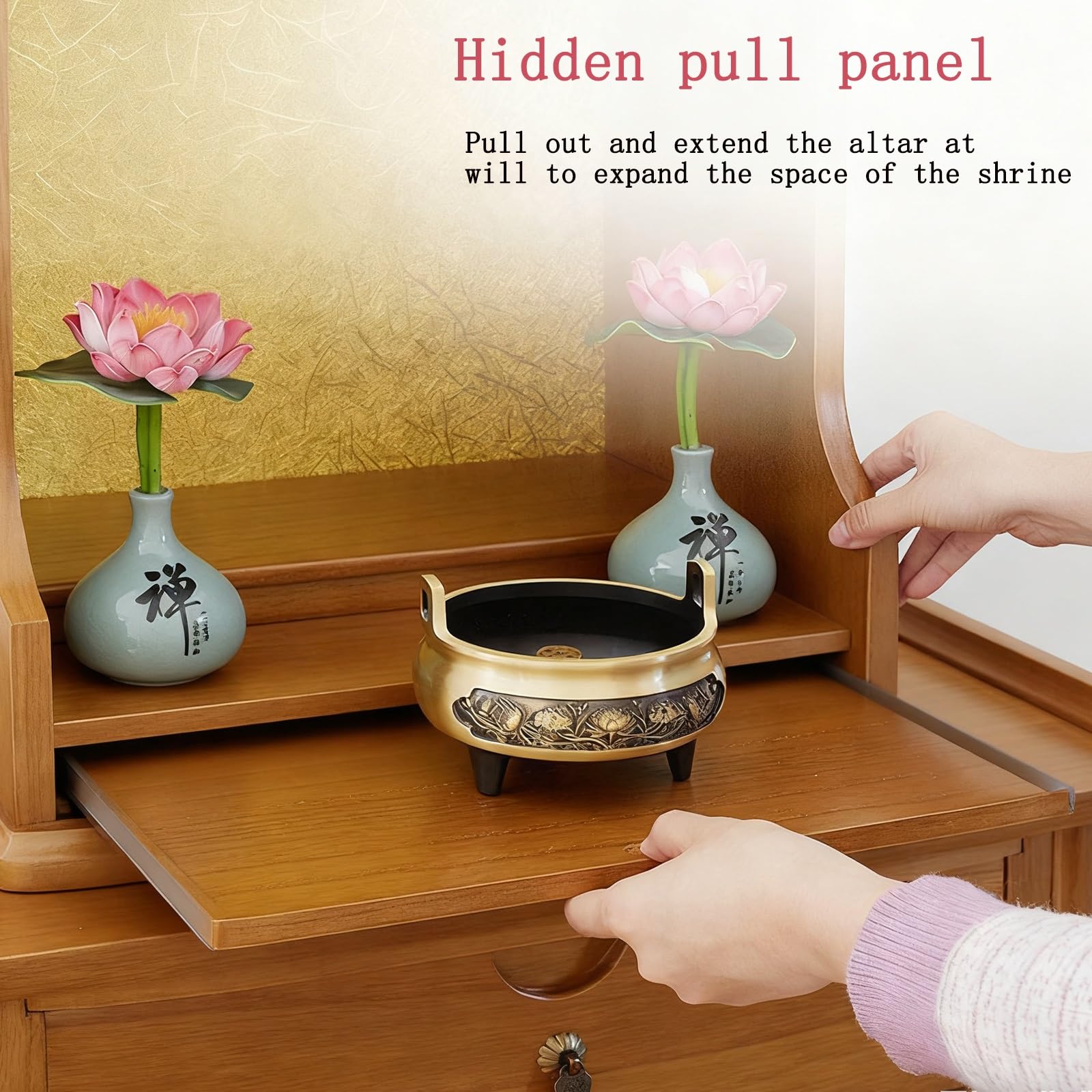 Armadietto da parete in legno massello buddista – Santuario Guanyin & Dio della ricchezza per decorazione domestica, scrivania e parete, tavolo da meditazione spirituale