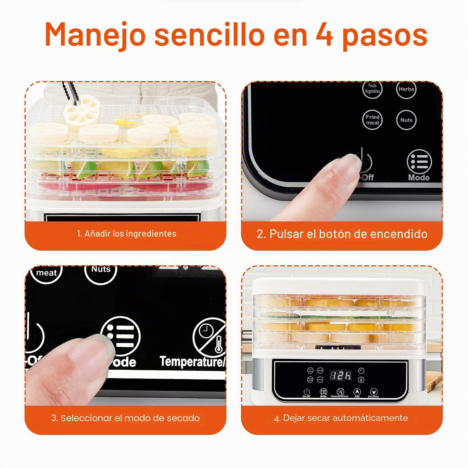Deshidratador de 5 capas Smart Touch, secador visual de alimentos con temporizador de 72 horas, temperatura ajustable de 35 a 70 °C e indicador LED para secar frutas, verduras, carnes