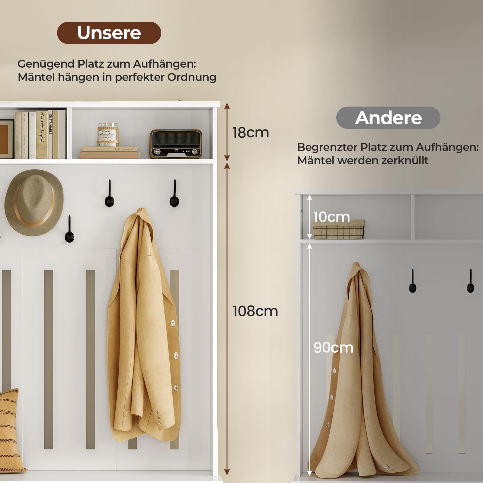 AOGLLATI Garderobenständer mit Schuhbank,Garderoben-Set mit 8 Doppelhaken & Offenem Stauraum, Flurgarderobe Set Kompaktgarderobe mit Schuhschrank für Eingangsbereich Schlafzimmer Wohnzimmer(Weiß)