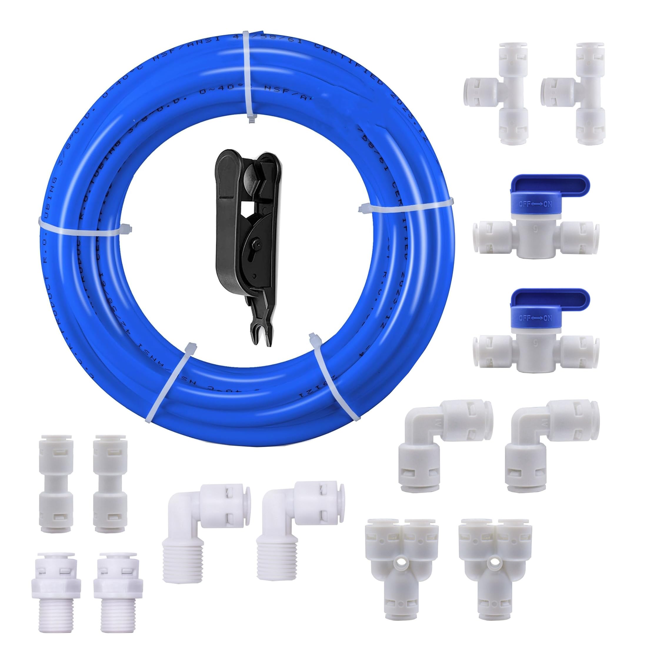 HUAZIZ 10 Mètres bleu 3/8" Tuyau d’alimentation en Eau Tube et Kit de Connecteurs de Réfrigérateur +14 pièces RO Raccord de filtre à eau + 1 Pièces Noir coupe-tube