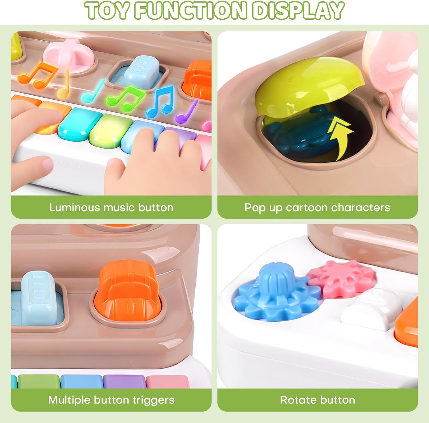 Pop-Up Music Toy, Musical Piano Toy for 1-3 Year Old, Brown | Cause & effect STEM educational sensory toy — light-up interactive, 6 Montessori learning modes, 1st birthday gift 12-36 mo