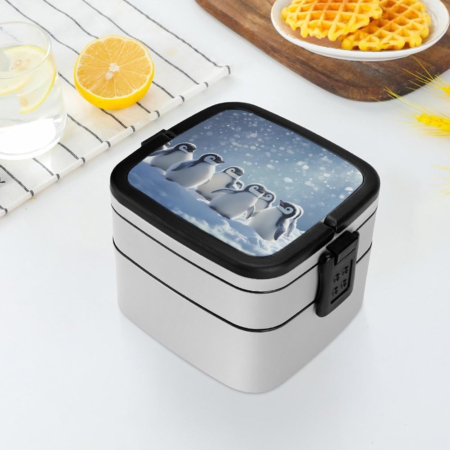 Penguins Snowy Printed Bento Box with Spoon 2 Layer Food Container Cute Lunch Box for Travel Dining Work