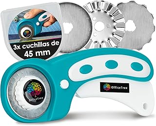 OfficeTree Cortador Rotativo de Tecido 45mm - 3 Lâminas para Corte Reto, Ondulado e Perfurado - Cuter Rotativo para Tecido e Papel - Cortador de Tecido para Costura - Cuter Rotativo Profissional para
