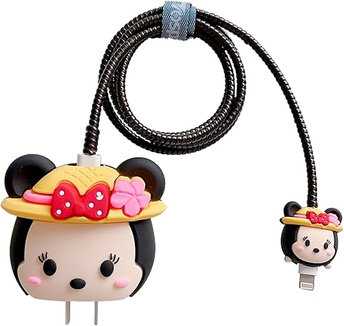 Funda protectora de cargador de dibujos animados 3D - Compatible con adaptador de corriente USB-C de 20 W y cable Lightning (mouse B de sombrero)