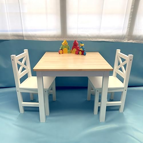Miniatura 2 de PETIT BATEAU Solid Wood Kids Table and 2 Chairs Set,Montessori Modern AMMEHOELA Irish Designer for 2-8 Years Toddler,SereneWhite Gift Blanco