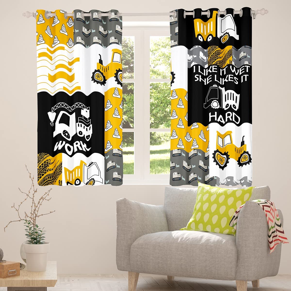 Cortinas amarillas para ventana de excavadora, diseño de caricaturas, para niños, construcción, cortinas opacas (30%-50%) maquinaria, camión, tratamiento de ventanas, cortinas de equipo agrícola, 46