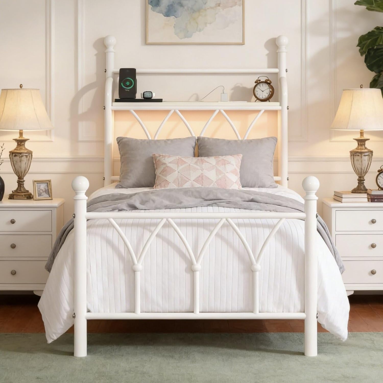 Twin Size Bed Frame with Storage Headboard and LED Light, Classic Metal Platform Bed Frame with Charging Station, Under Bed Storage, No Box Spring Needed, Noise Free, White