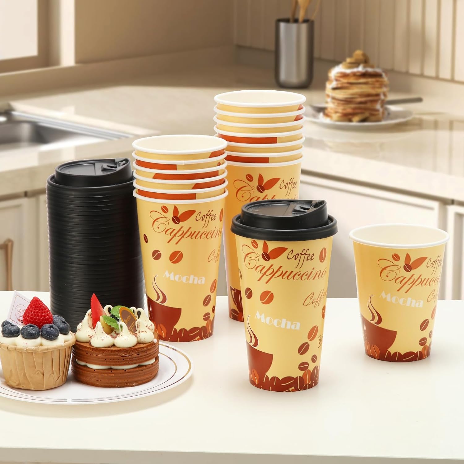 Tamone 100 PACK 20OZ thanksgiving cups - Disposable Coffee Cups with Lids and Stirrers, To Go Coffee Cups with Lids Leak Proof, Coffee Design Brown Paper Cups for Cold/Hot Beverage Chocolate Cocoa - Image 6