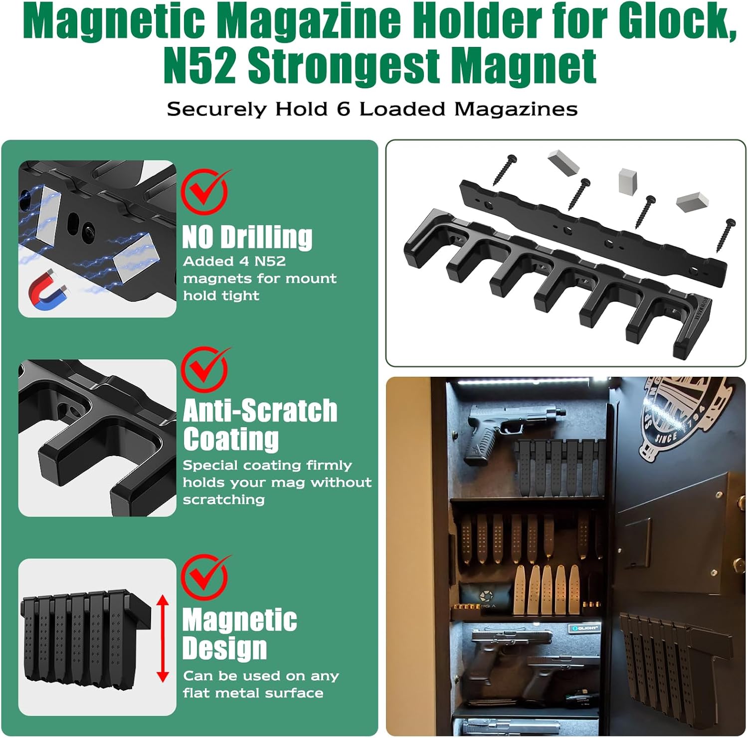 LULACOOL Magazine Mount Holder for Glock 17 19 22 23 26 31 32 33 34 Mags,Pistol Mag Wall Display Storage Organization System,Gun Safe Wall Garage,Glock Magazine Mount