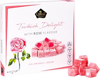 Turkish Delight with Rose Flavor 454gr Gourmet Medium Size Snacks Gift Box | No Nuts Sweet Luxury Traditional Confectionery Vegan Soft Candy Dessert Glucose Free Lokum Loukoumi Approx.42 Pcs