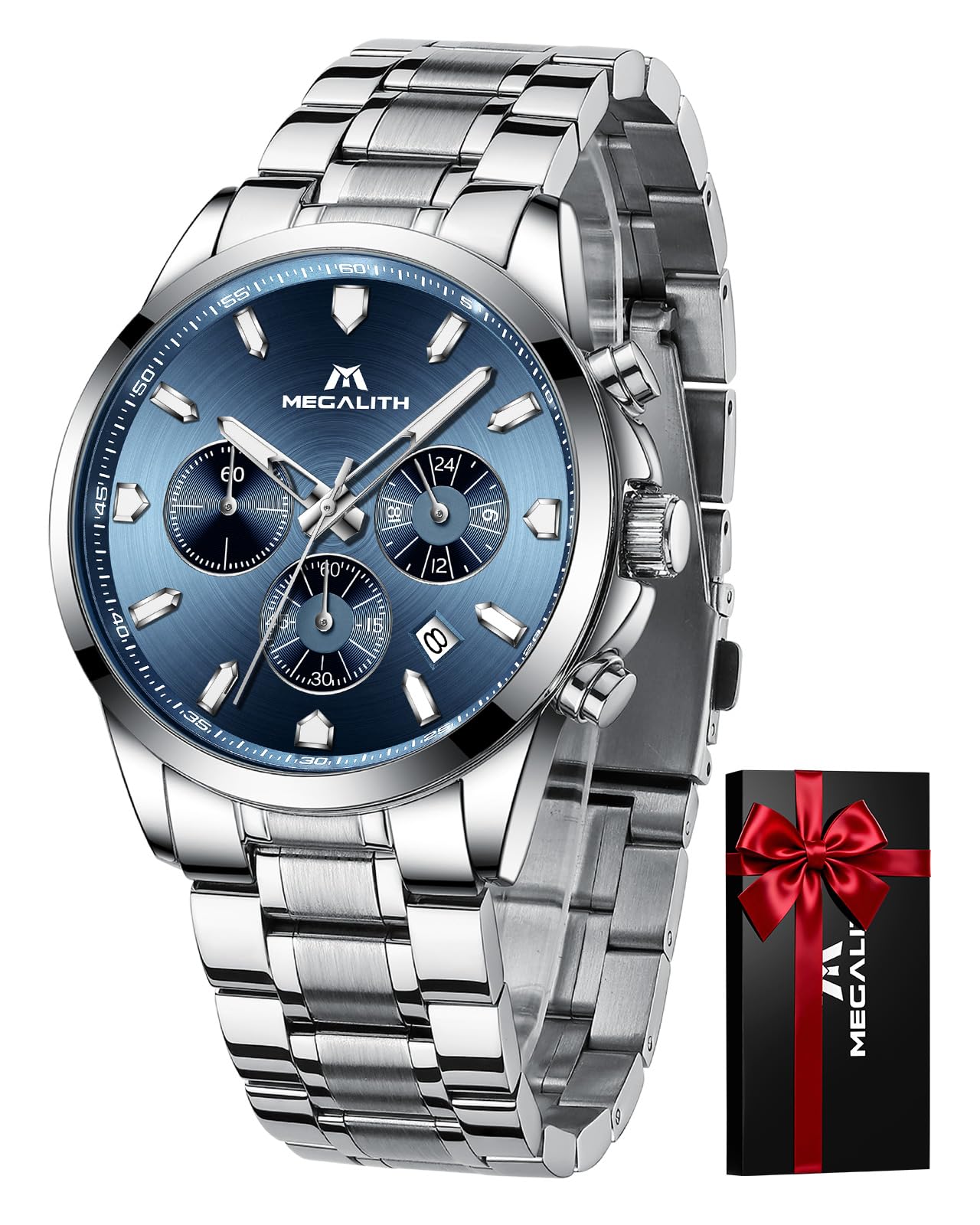 MEGALITH Herren Uhr Edelstahl Armbanduhr: Chronograph Analog Wasserdicht Herrenuhr mit Leuchtend Datum - Elegantes Geschenk für Business Männer