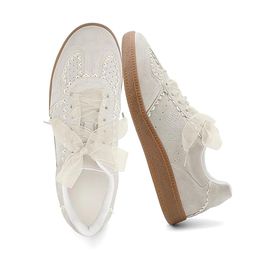 UBWDU Lace Fashion Ballet Sneakers for Women 2025 – Trendy Cute Crochet Ribbon Lace-Up Casual Spring Shoes - 7 - Beige