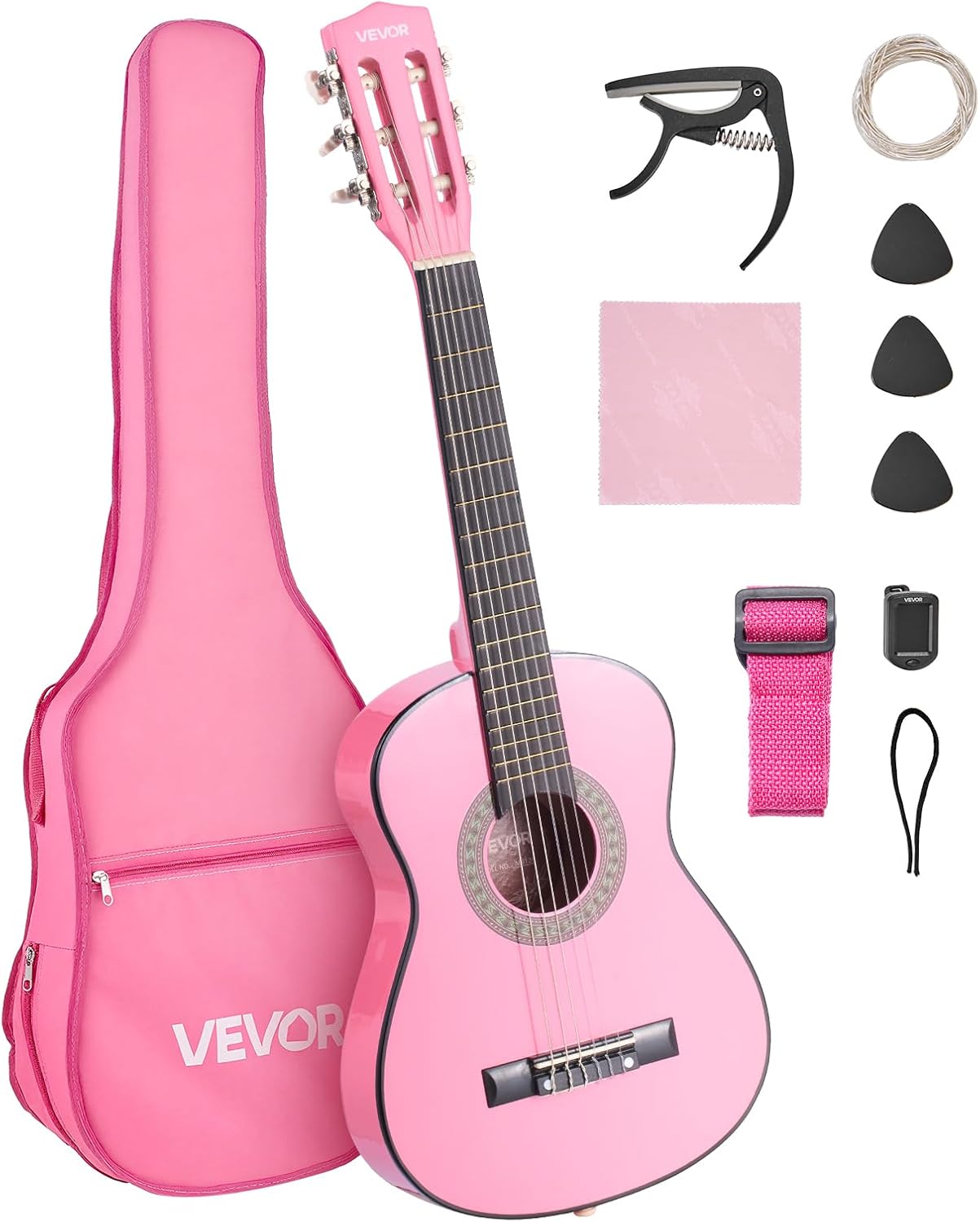 VEVOR Acoustic Guitar, Classical Guitar Starter Kit for Beginners, with Nylon Strings, Basswood Guitar, for Kids Adults Girls Boys Students Pink 30 In