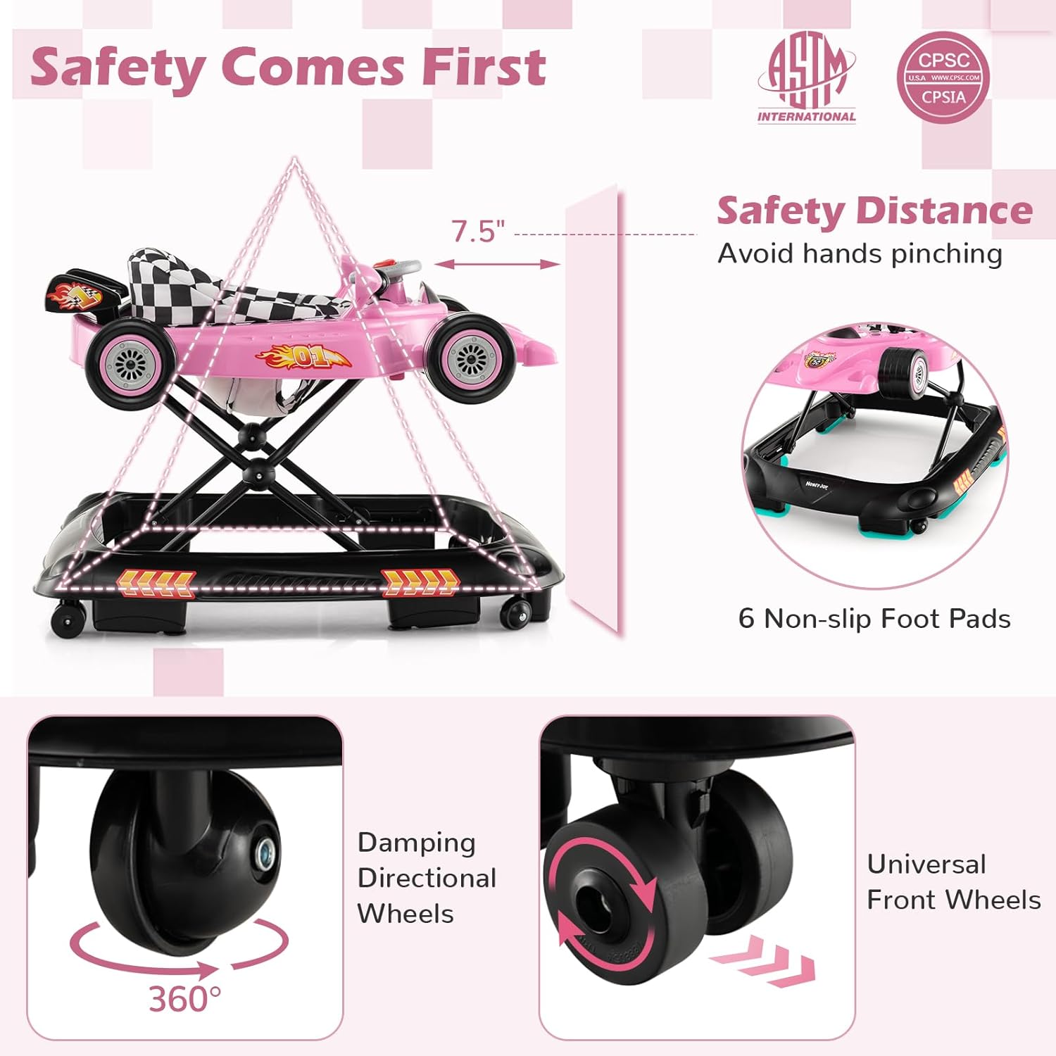BABY JOY 4-in-1 Baby Walker, Foldable Activity Walker with Adjustable Height, Music & Lights, Anti-Rollover, Toddler Push Walker, Baby Walker with Wheels for Boys Girls 6-14 Months (Pink)