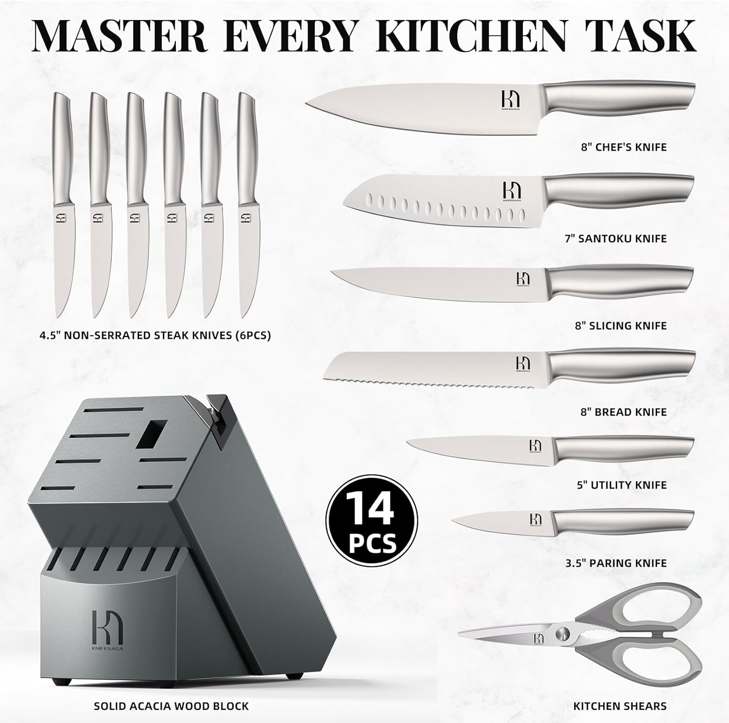 Knife Set, 14 Pcs Premium Japanese High Carbon Stainless Steel Kitchen Knife Set, Razor Sharp Knife Block Set with Built-in Sharpener, Quality Acacia Wood Block Knife Sets Ergonomic Handle - Image 5