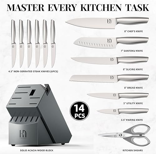 Miniatura 5 de Knife Set, 14 Pcs Premium Japanese High Carbon Stainless Steel Kitchen Knife Set, Razor Sharp Knife Block Set with Built-in Sharpener, Quality