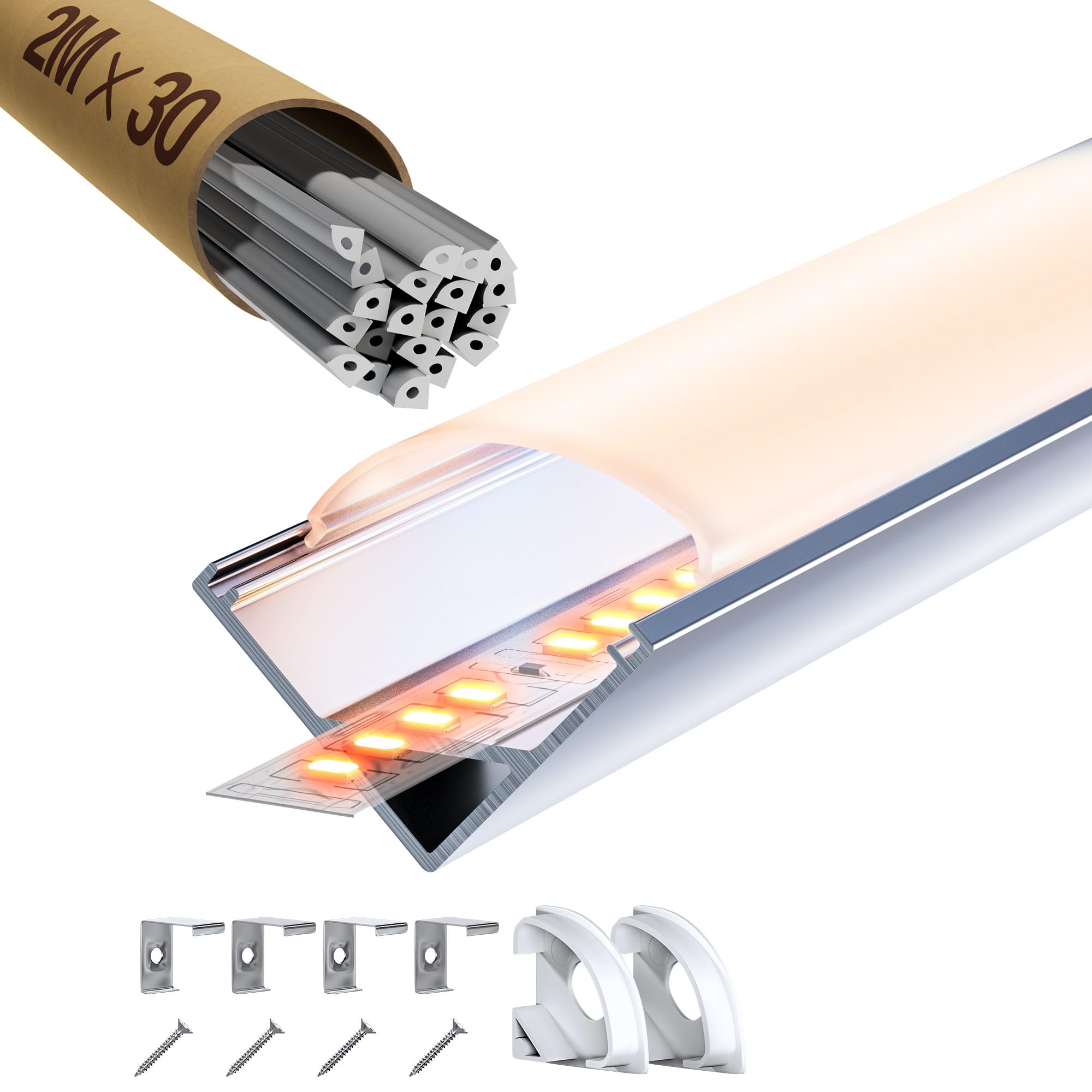 LASLUX Profilo LED Battiscopa 2M x 6, in Alluminio per Strisce fino a 19,7 mm, con Copertura, per Cartongesso e Piastrelle
