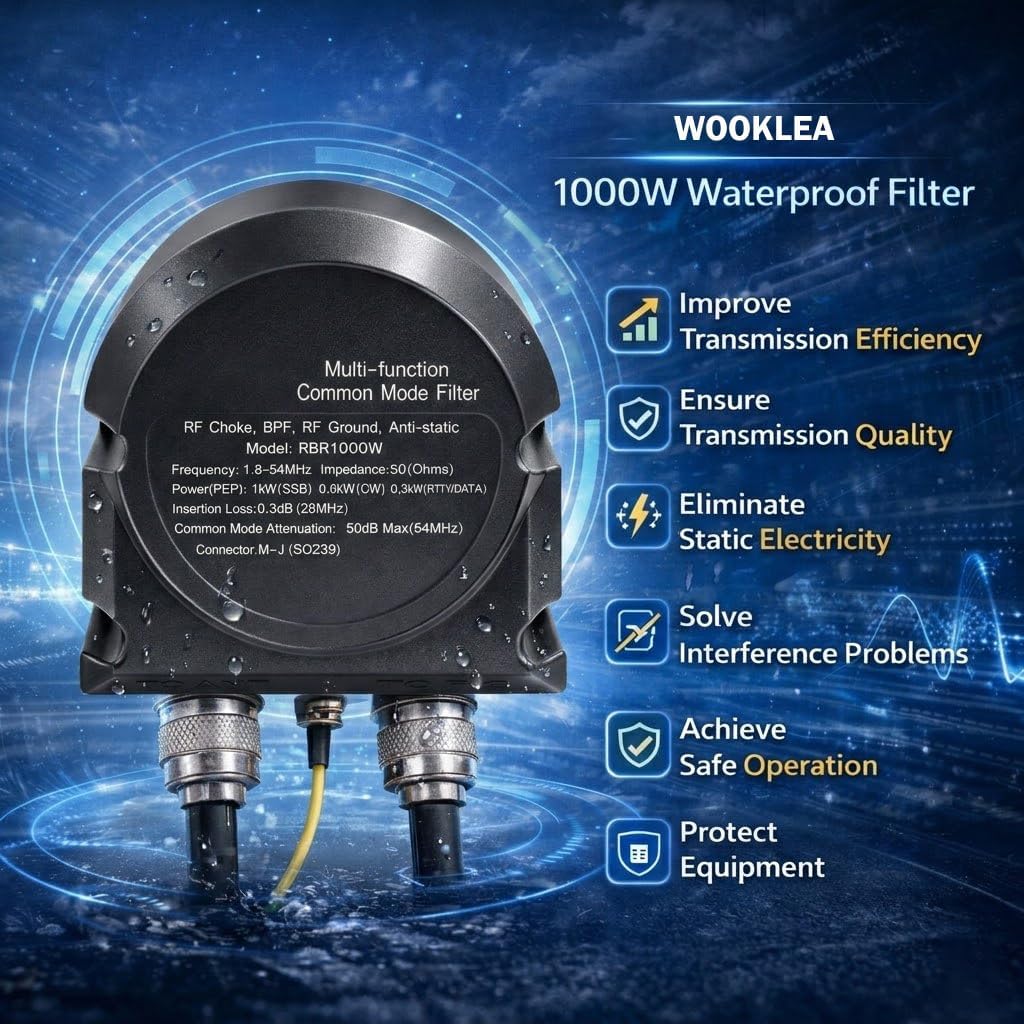 1000W 3-in-1 Shortwave Common Mode Filter, 1.8-54MHz Waterproof RF Choke, Choke Coil Magnetic Ring 50dB Attenuation, 50Ω Impedance, 0.3dB Insertion Loss, SWR<1.2 for Amateur Radio Outdoor Use