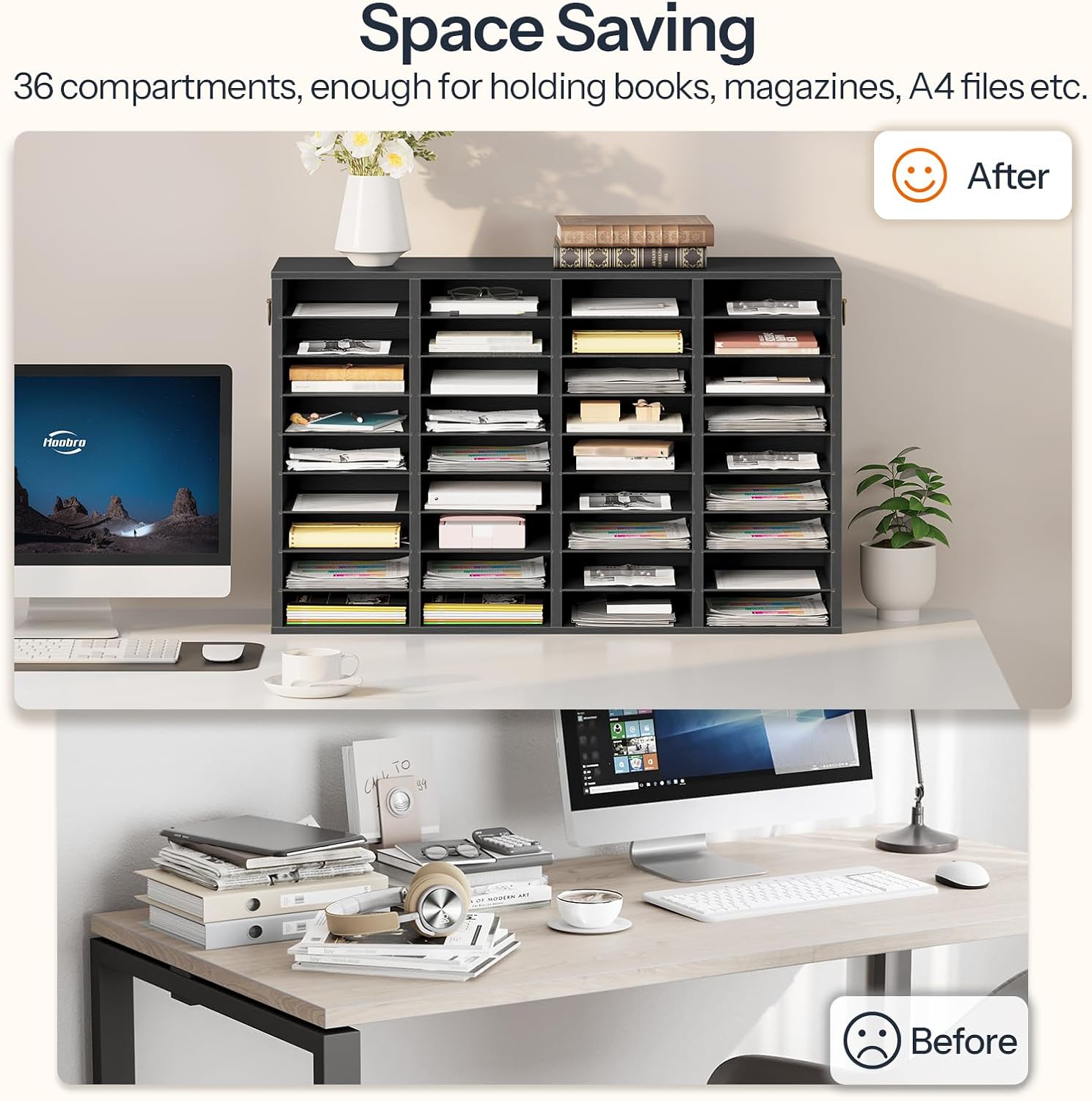 HOOBRO Wooden Literature Organizer, 36-Slot Mail Sorters, Removable Classroom Mailbox, Student Mailboxes for Classroom, Paper Storage Organizer, for Home, Office, Black BK36WF01