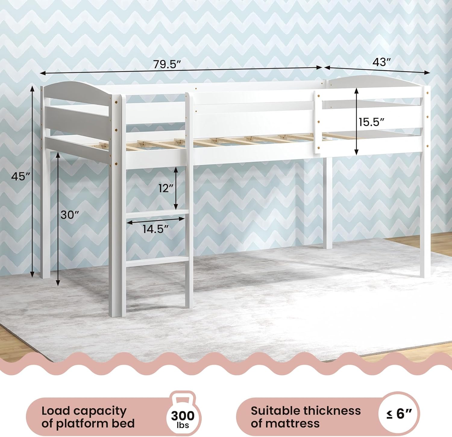 Giantex Twin Loft Bed with Ladder, Wood Low Profile Loft Bed with 30" Clearance & Safety Guard Rails, Space-Saving Loft Bed Frame for Kids Teens Junior, No Box Spring Needed, Kids Bed Frame, White