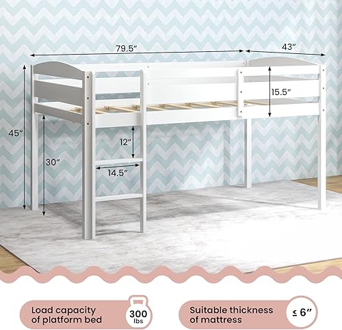 Miniatura 2 de Giantex Cama alta individual con escalera, cama alta de madera de perfil bajo con 30 pulgadas de espacio libre y rieles de protección de seguridad,