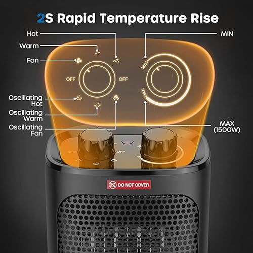 Miniatura 2 de ECOWELL Calentador de espacio portátil de 1500 W para uso en interiores, oscilante de 60°, ventilador eléctrico pequeño con termostato ajustable