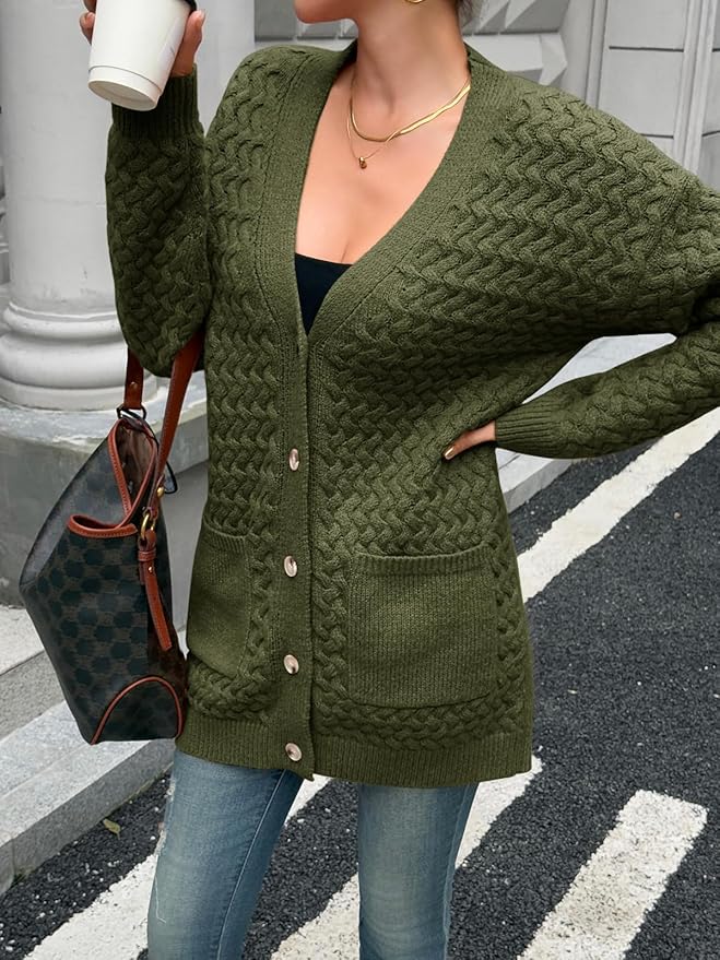 kinstell Dames Relaxed Fit Lange Mouw Open Voorkant Cardigan Trui met Zakken, Zwart, Kaki, L