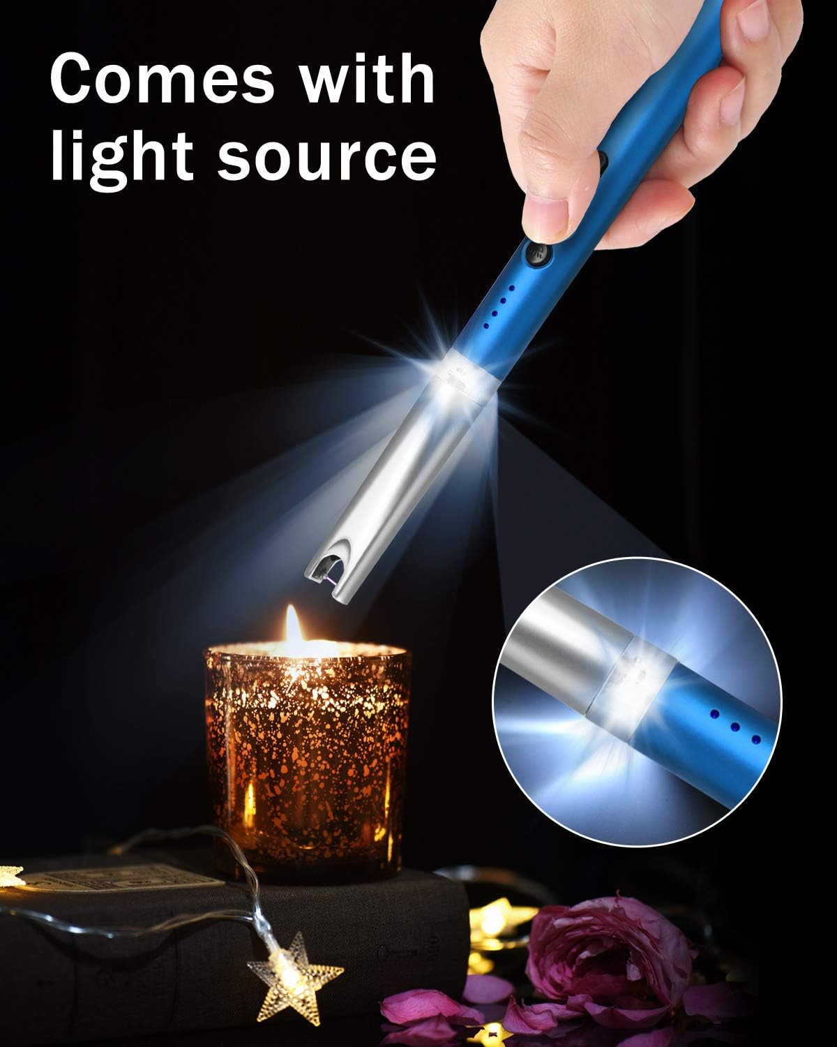 VEHHE Electric Candle Lighter with Light Source, USB Rechargeable Long Arc Lighter for Kitchen Camping(Blue))