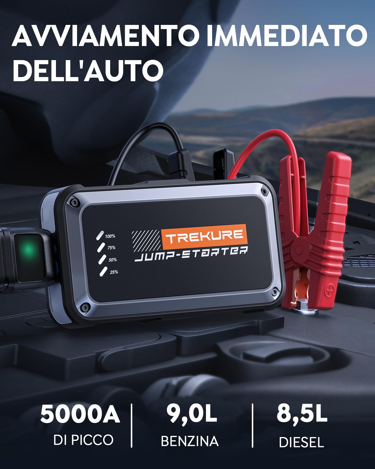 TREKURE Avviatore Batteria Auto 5000A 16800mAh, Avviatore di Emergenza per Auto per Motori 9.0L Benzina e 8.5L Diesel, Portatile 12V Booster Avviamento con Torcia, Cavo di Avviamento, Ricarica USB