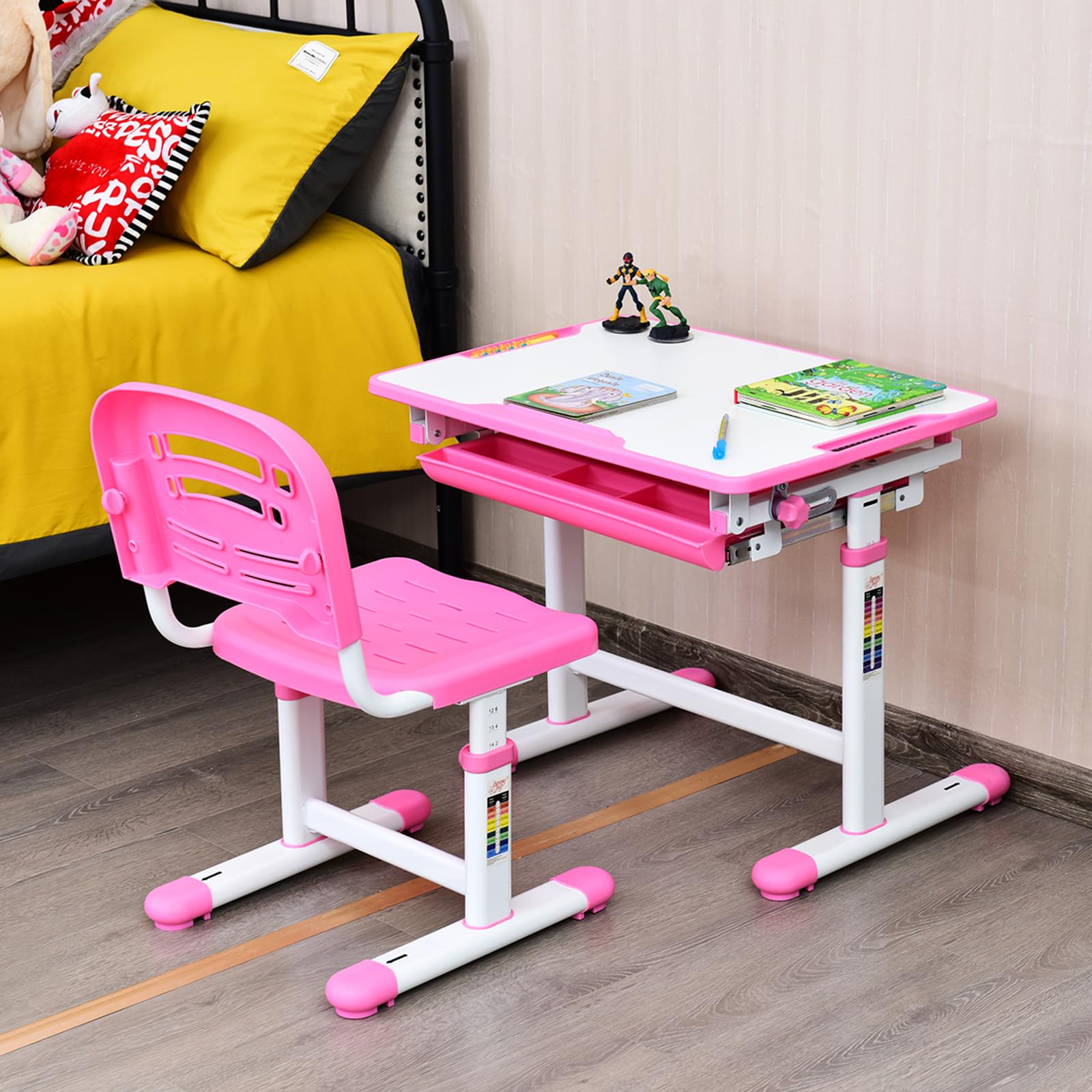 COSTWAY Scrivania per Bambini con Sedia, Tavolo Studio Regolabile in Altezza e Piano Inclinabile, Tavolo e Sedia Ergonomica in Materiali Sicuri per 3-14 Anni (Rosa)