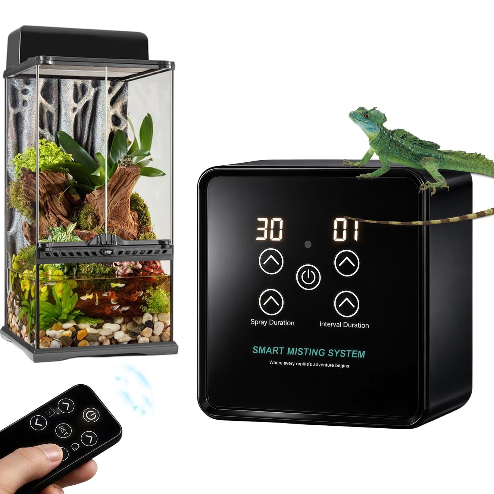 Sistema de riego terrario, nebulizador automático de reptiles con mando a distancia, pantalla táctil y temporizador, boquillas de pulverización ajustables 360°, sistema inteligente de humidificación
