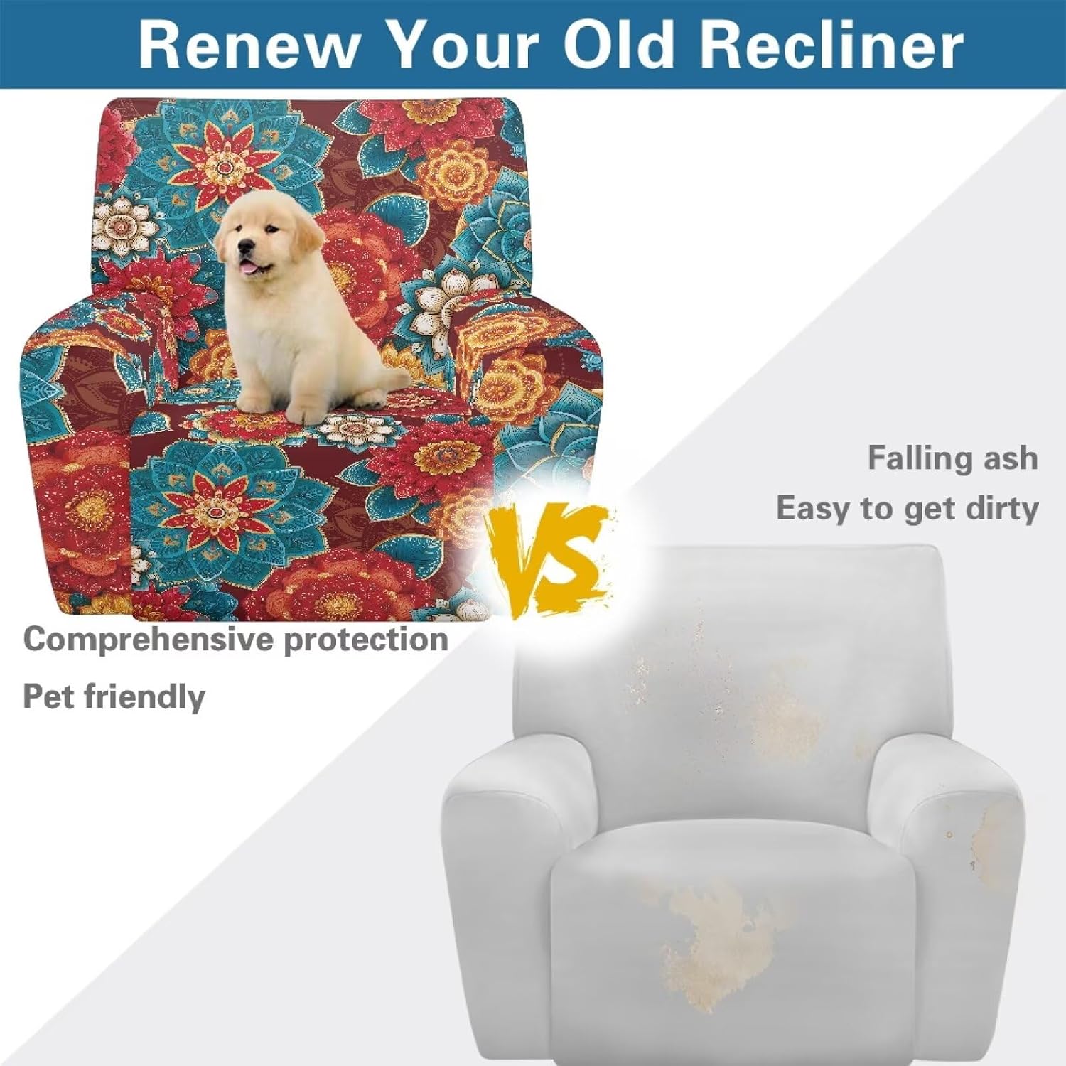 Boho Floral Recliner Chair Covers 4 Piece Breathable Soft Recliner Sofa Slipcovers Washable Reclining Cover Non Slip Furniture Protector, Easy to Install, Colorful