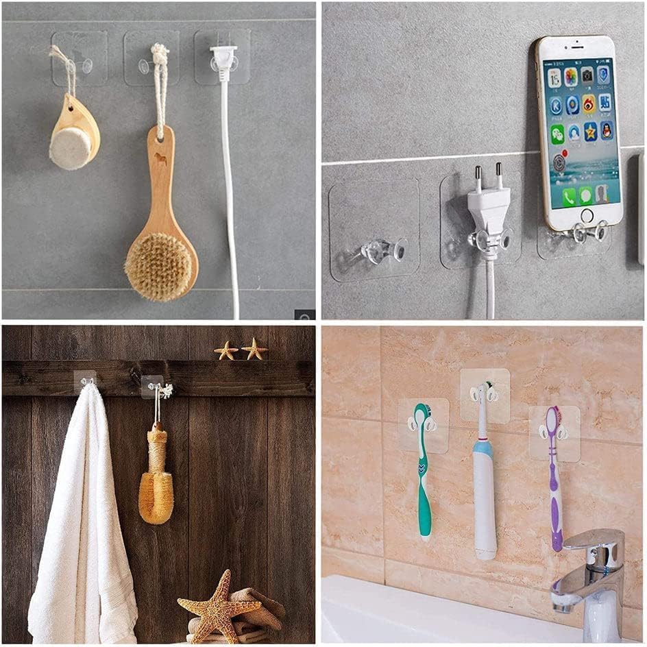 Image of 10 Pack Self Adhesive Transparent Plug Hooks Multi-Purpose Wall Mounted Power Plug Holder & Photo Frame Hanging Hooks Free No Drill Utility Stickers for Keys Kitchen Bathroom Bedroom