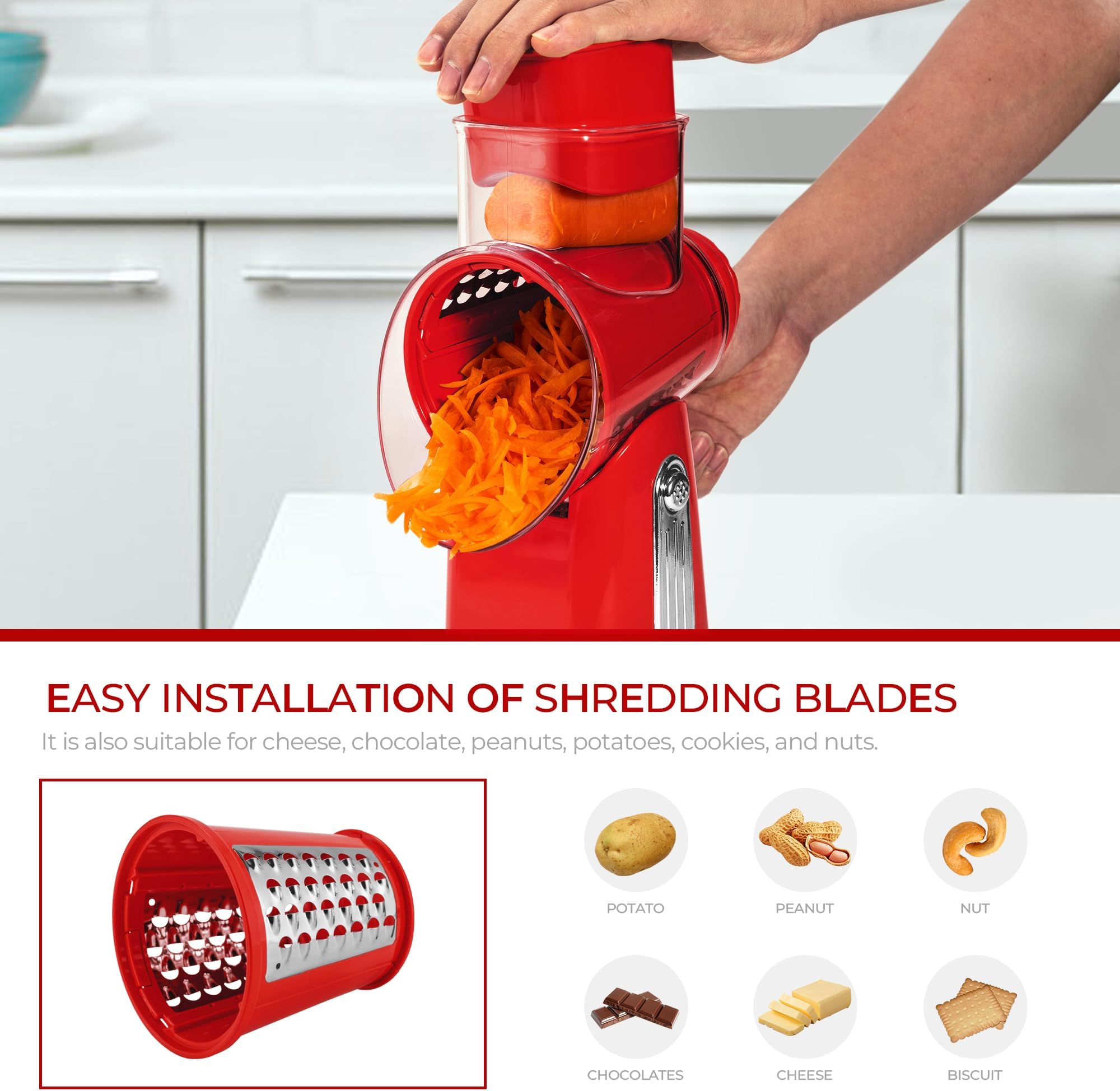 SUSTEAS Rotary Cheese Grater with Handle - Vegetable Shredder with 5 Well-Designed Blades and Strong Suction Base, Round Mandoline Slicer and Food Chopper for Kitchen, with Box