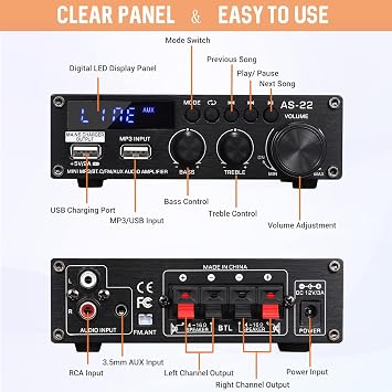 Sunbuck Mini Amplifier, 2 Channel Stereo Amplifier, Power Amplifier Max 300Wx2 Output, Bluetooth Amplifier for Home Speakers, Stereo Receiver with RCA/USB/FM/AUX, Mini Amplifier for Speakers, AS-22