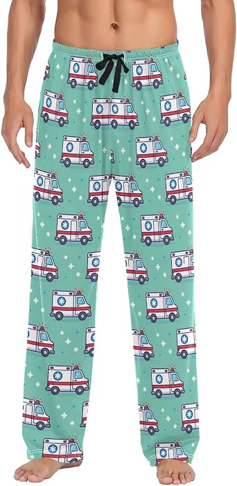 Wudan Firefighter Fire Hose Hydrant Truck Black Mens Pajama Pants Lounge Pants Pajama Bottoms with Pockets S