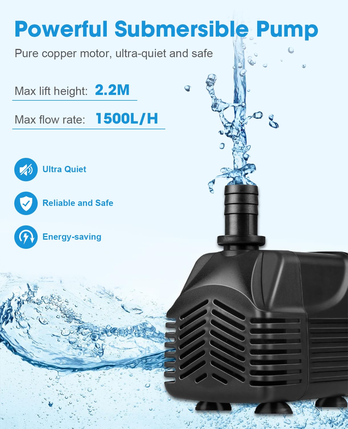 MOSFiATA Pompe à Eau Immergée 25W, 1500 L/H Pompe Aquarium Ultra Silencieuse Pompe Submersible pour Aquarium, Petites Fontaine de Jardin avec 2 Buses 1,5M Tuyau