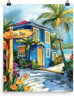 VUVUKU Cruz Bay watercolor print from St. John US Virgin Islands – tropical island wall art featuring a blue seaside house with palm trees for bright Caribbean home decor