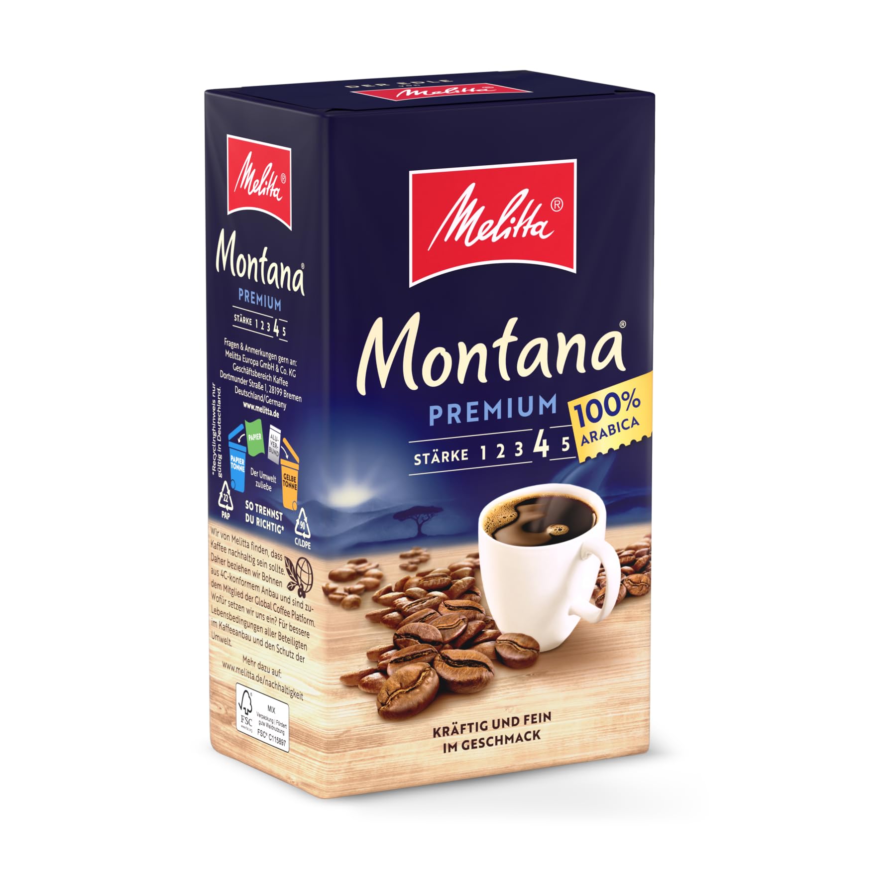 Melitta Montana Premium Filter-Kaffee 500g, gemahlen, Pulver für Filterkaffeemaschinen, 100% Arabica, starke Röstung, geröstet in Deutschland