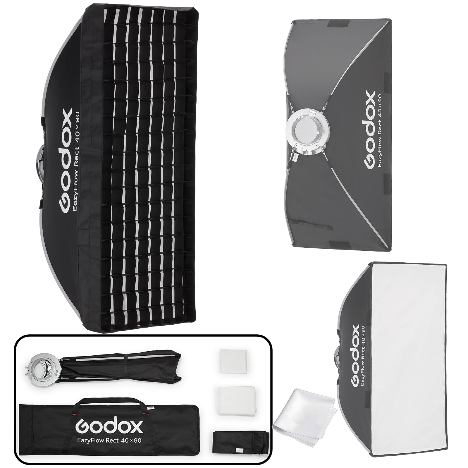 GODOX Godox EazyFlow Rect Boîte à lumière portable à pliage rapide avec grille, support Bowens entièrement en métal pour flash de studio et éclairage vidéo LED, pour lumière de jante et lumière