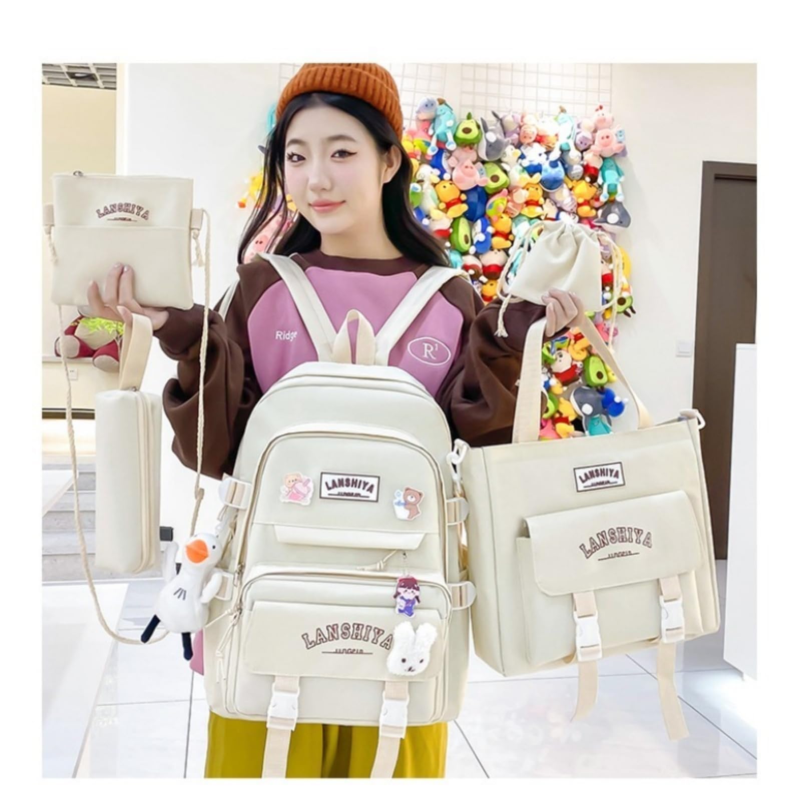 Mochila escolar Set Di Zaino Per Studenti A 5 Pezzi Con Ciondoli Gratuiti, Kit Pratico Borse Scolastiche Ragazze Della Scuola Superiore Uso Giornaliero Del Campus-c-china Mainland