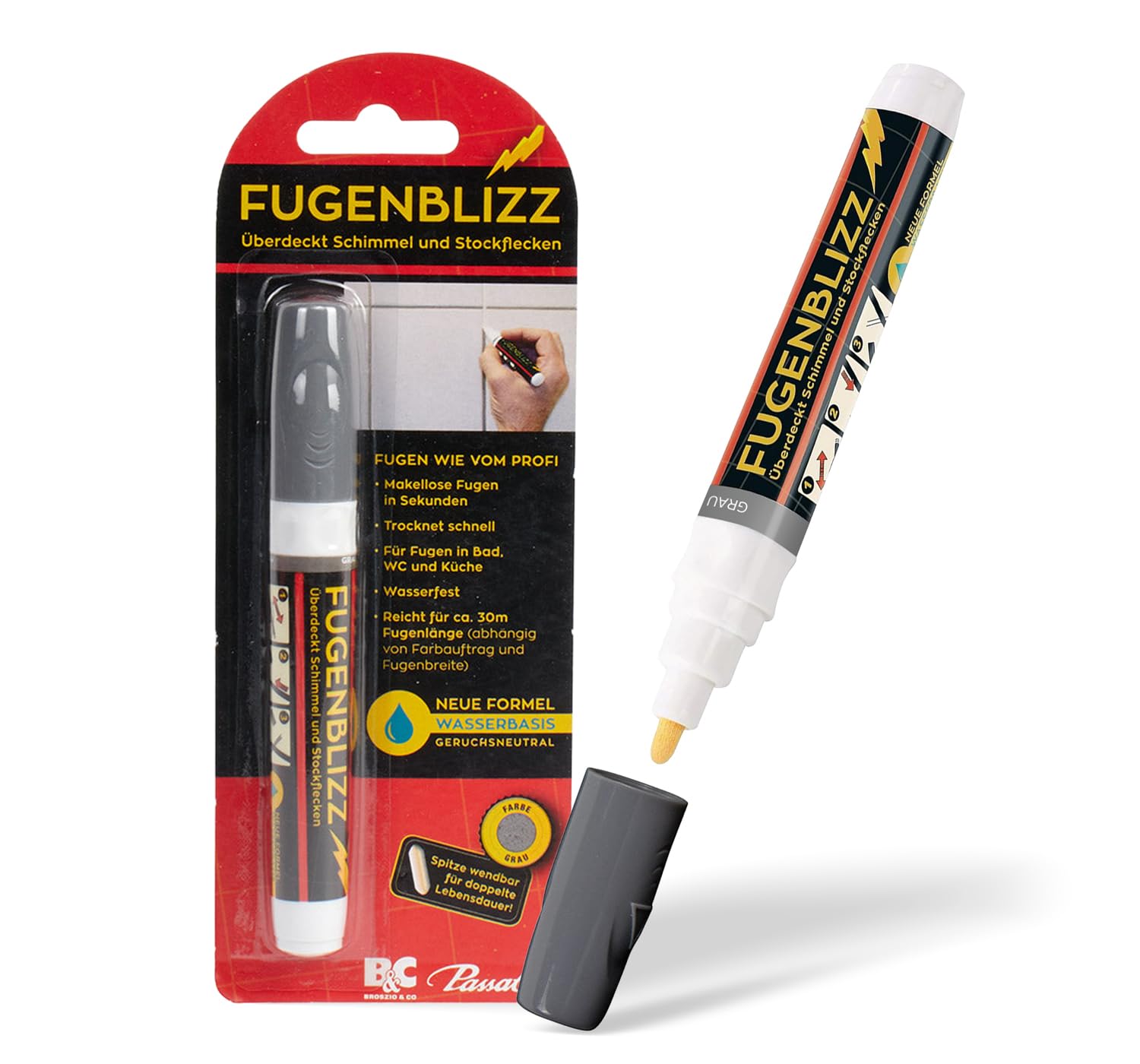 FugenBlizz Fugenstift – Fliesenstift mit wasserfester Fugenfarbe für Bad & Küche – Fugen Stift mit besonders hoher Deckkraft – Überdeckt Schmutz, Schimmel & Stockflecken – Grau