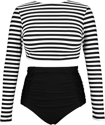Womens Long Sleeve Swim Shirt Rash Guard Top Tankinis Set High Waist Bathing SwimsuitFBA