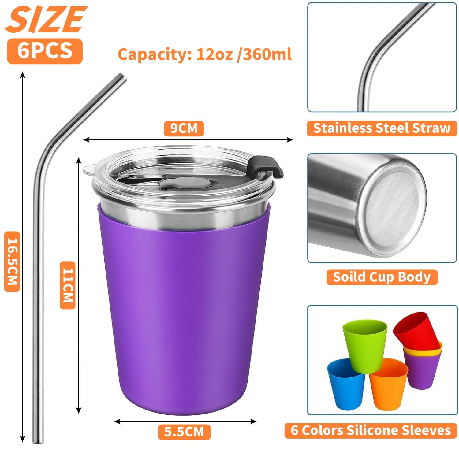 KAHEIGN 6 Pezzi Tazze in Acciaio Inox con Coperchio e Cannuccia, 360ml Tazza Infrangibile per Bambini Bicchiere da Viaggio Riutilizzabile Tazza per Caffè Fredde con Maniche in Silicone Rimovibile