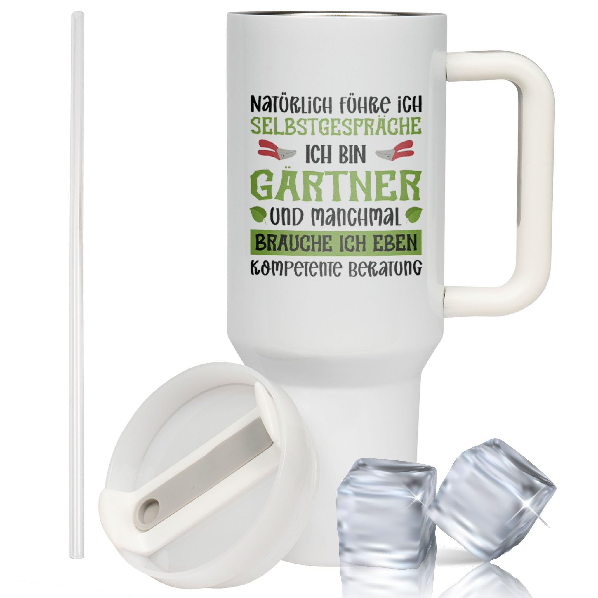 XXL Thermobecher Geschenk für Gärtner – Lustiges Geburtstagsgeschenk & Vatertag – Edelstahl Trinkflasche, Weiß mit Selbstgespräche Spruch (WIEDERVERWENDBAR)