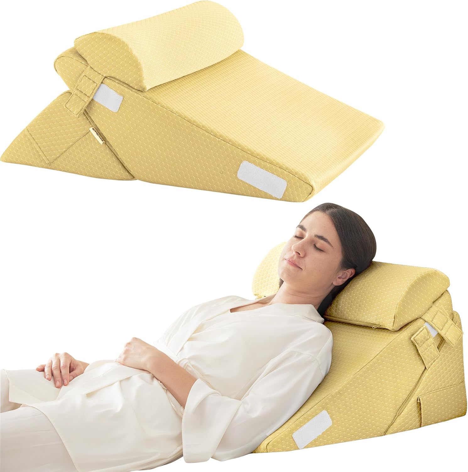 Bedluxe Adjustable 3pcs Bed Wedge Pillow Set, Memory Foam Wedge Pillows Post Surgery for Back, Neck, Leg Pain Relief, Pillow Wedge for Sleeping, Sitting up in Bed, Acid Reflux and GERD, Beige Yellow