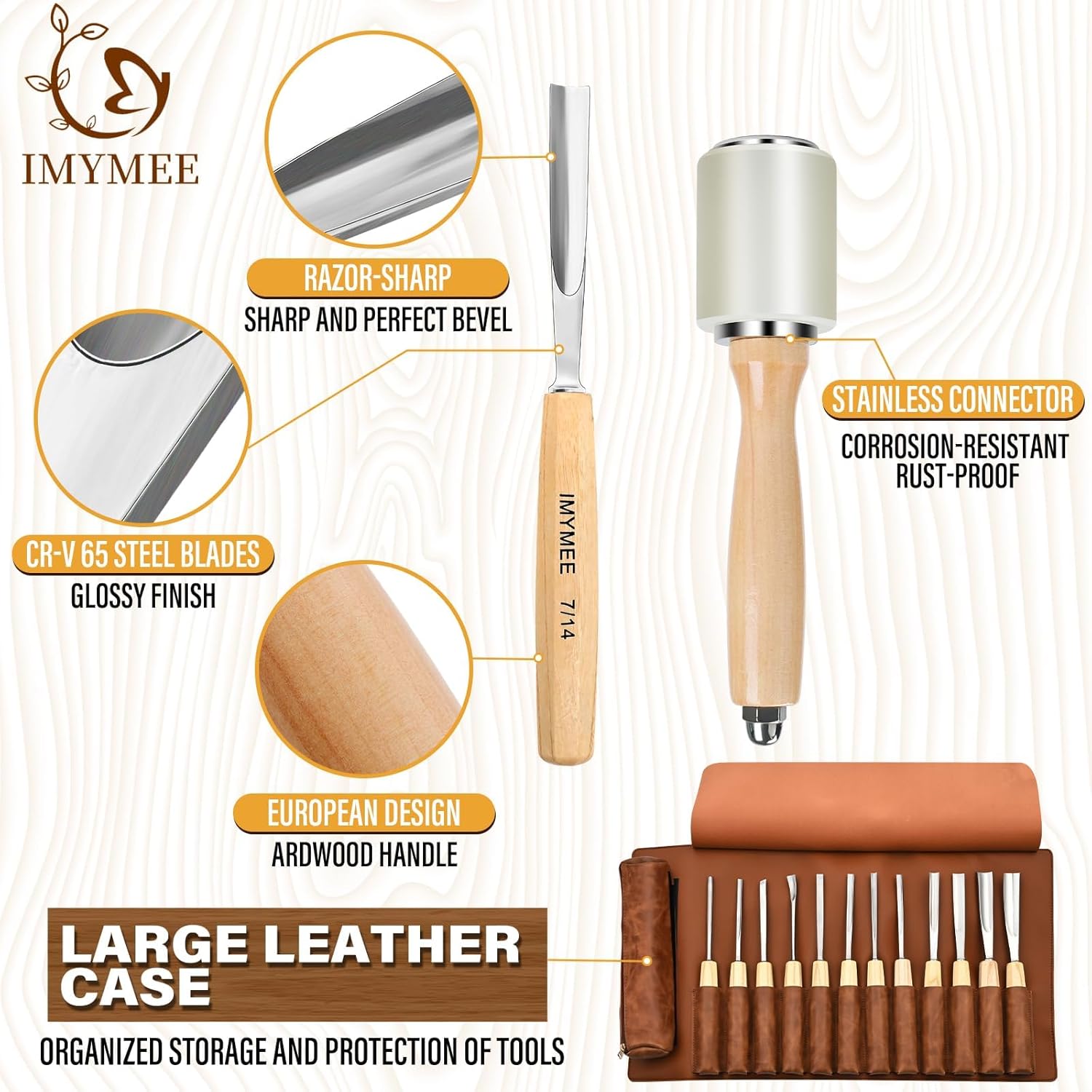 IMYMEE Wood Carving Tools Set of 12 Chisels with PU Storage Bag, Razor Sharp CR-V 60 Steel Blades, Wood Carving Kit,Wood Chisels for Woodworking